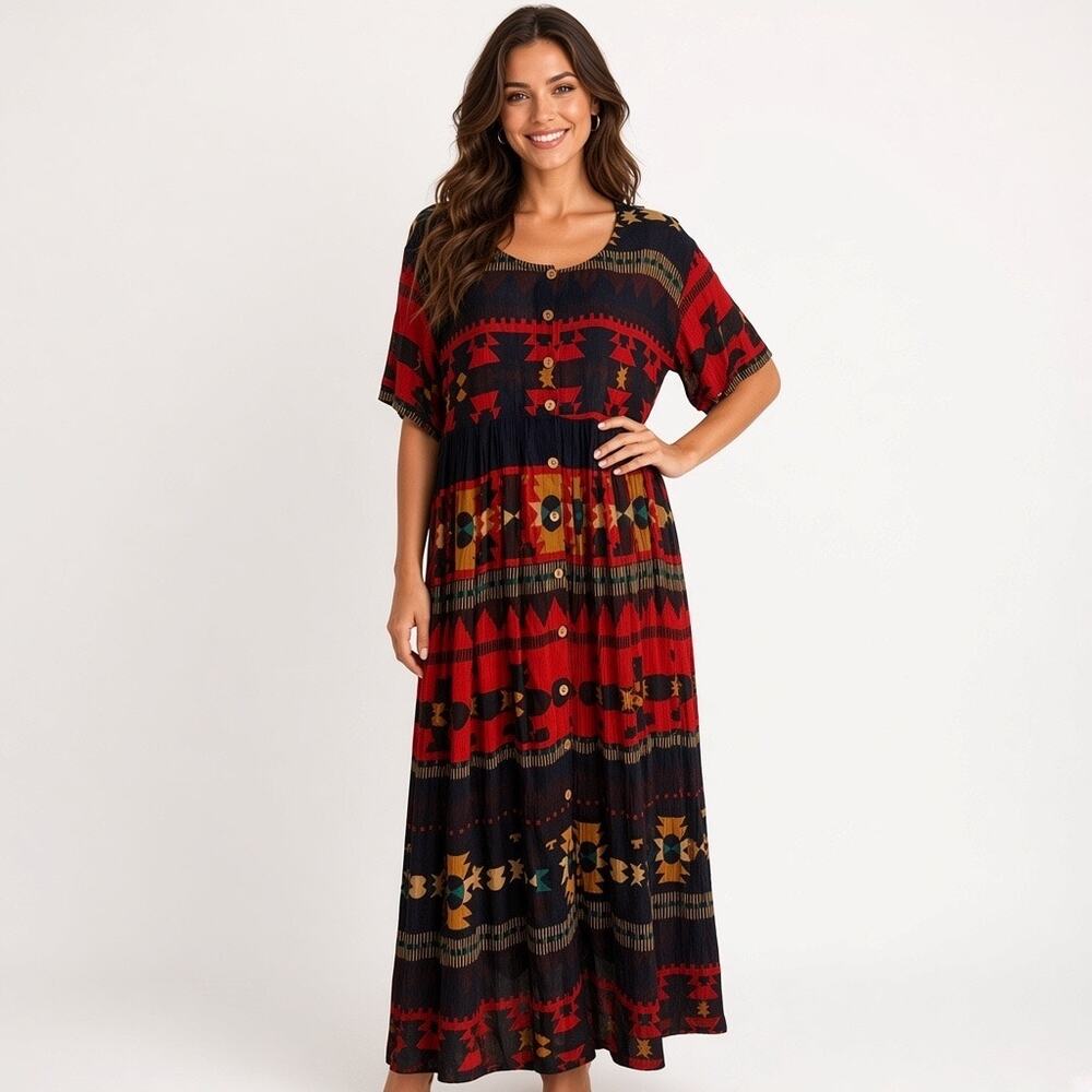 Vintage Maxi Dress Small Boho Western Geometric Indian Hippe Rayon Relaxed